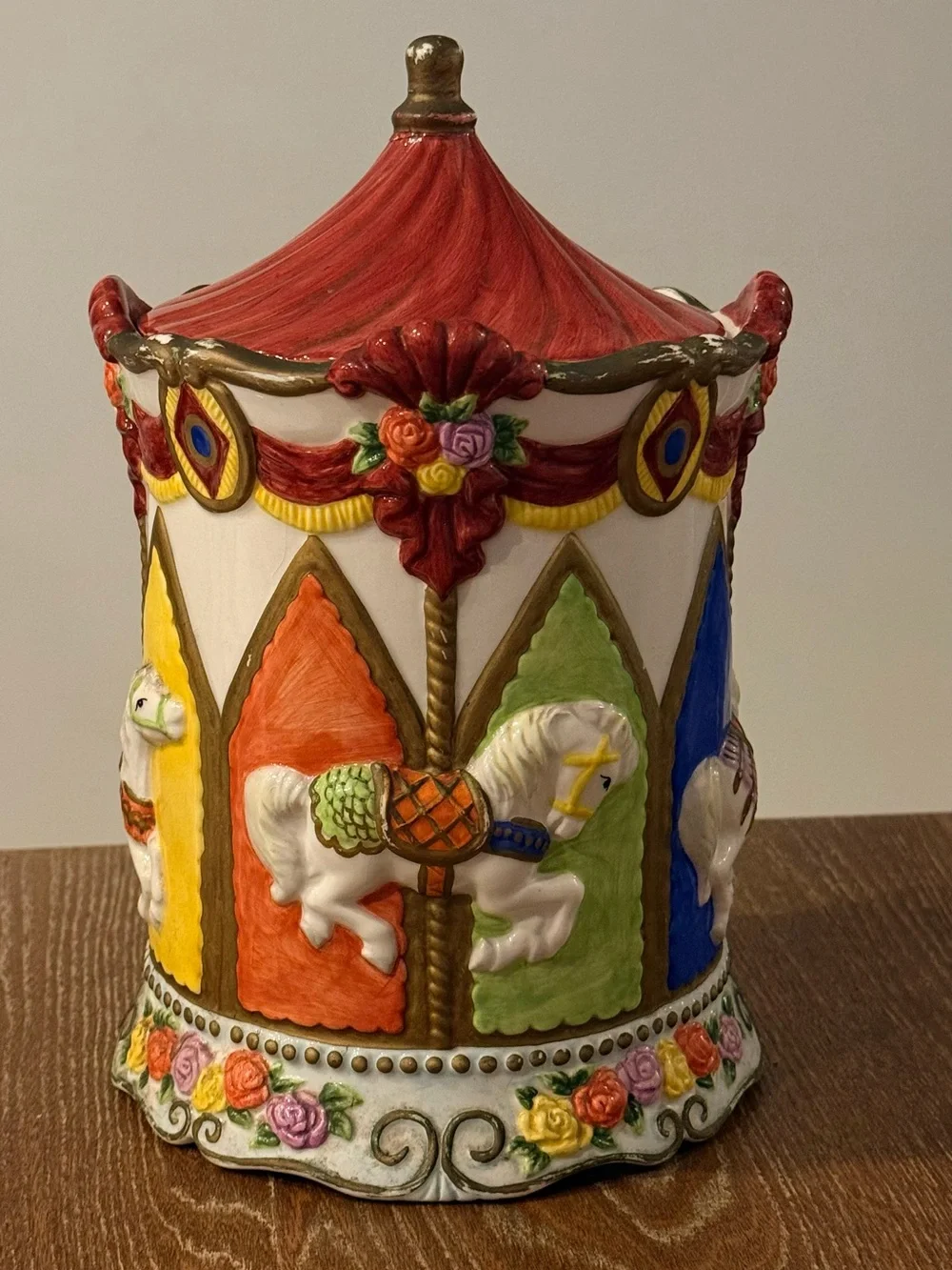 Vintage 1980s Carousel Cookie Jar Ceramic Circus Canister Colorful Kitchen Decor